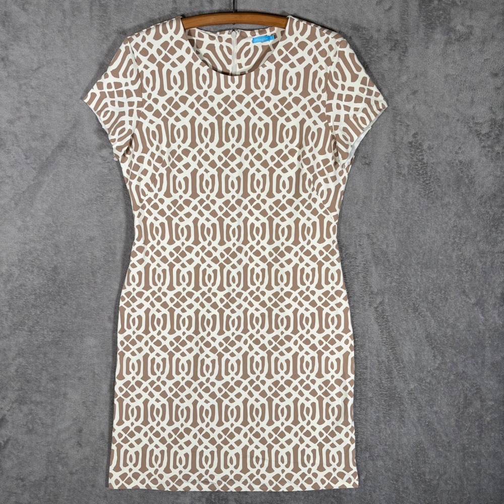 J.McLaughlin XL Brown White Geometric Catalina Cloth Sheath Dress Short Sleeve